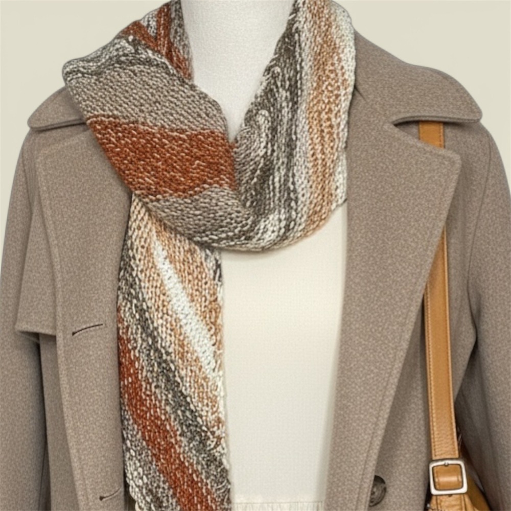 Handmade Knit Striped Sophie Scarf Shawl Wrap Earth Tones Boho‎ Cottagecore